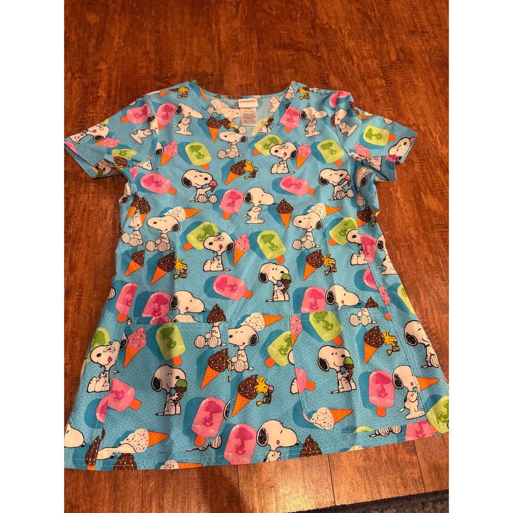 Peanuts Snoopy Ice Cream V-Neck Scrub Top Blue Medium TF772 PNNP